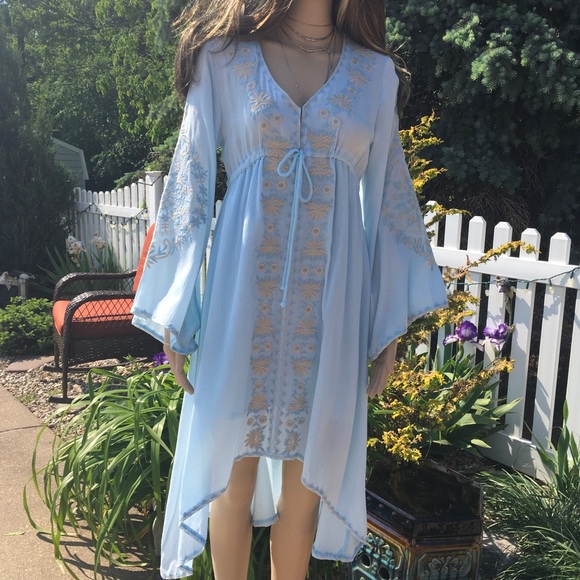 BOHO LIGHT BLUE PALE YELLOW FLOWERS HI-LO MIDI DRESS - Picture 9 of 10